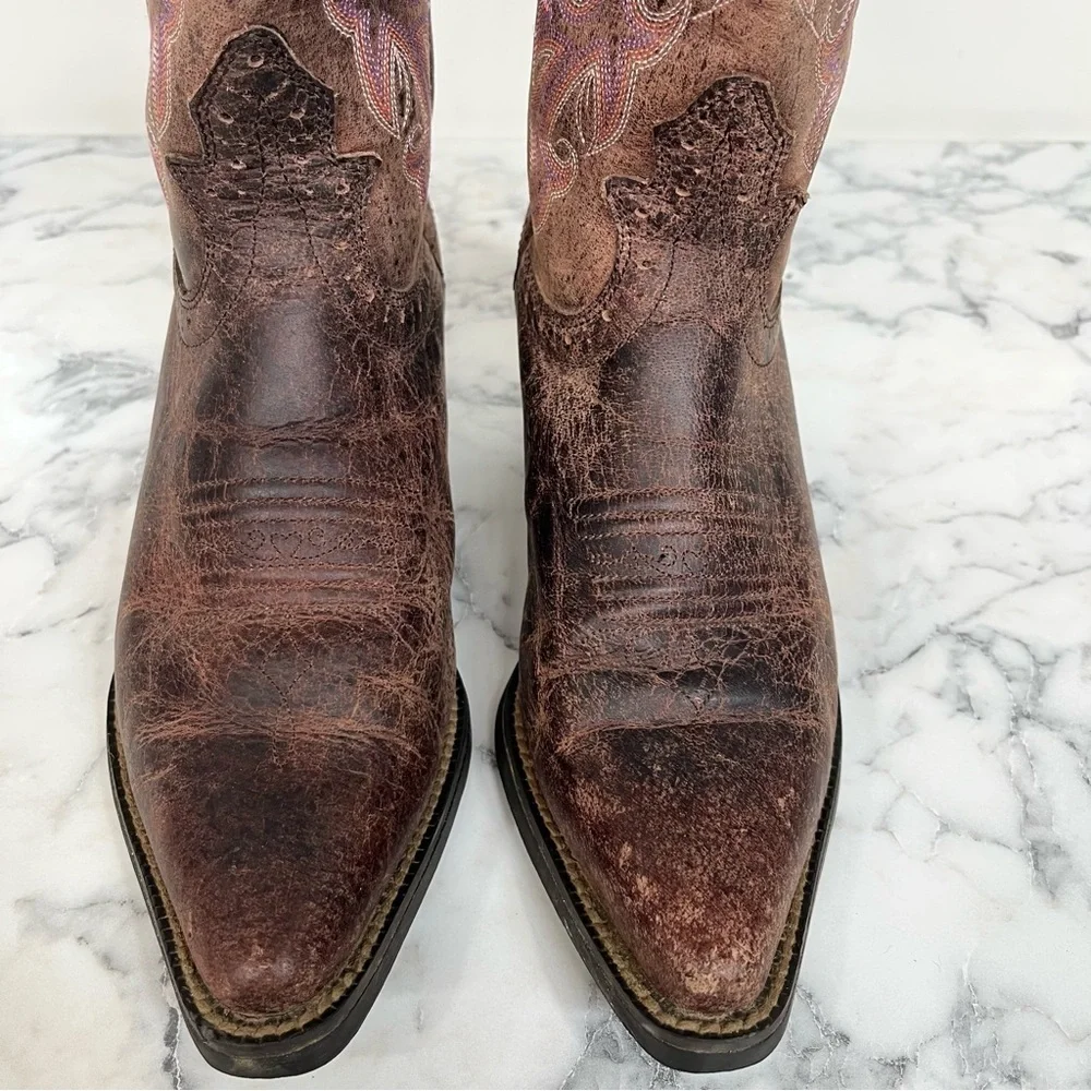 Justin Stampede Chocolate Puma women's 6B cowboy boots Purple Heart embroidery